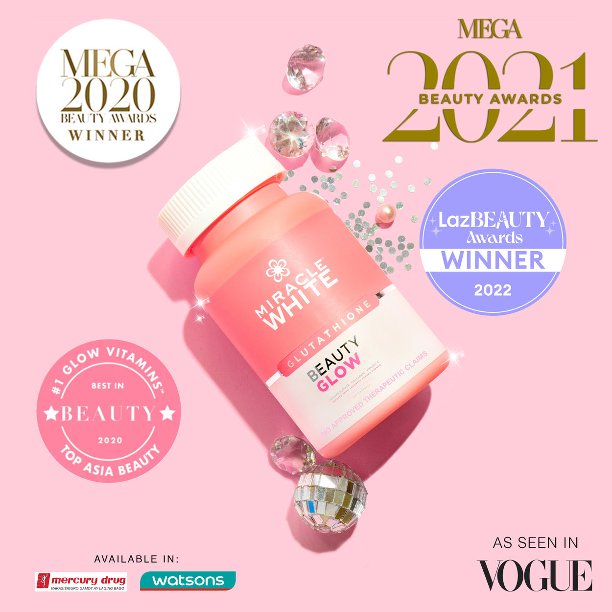 megawhite glutathione plus collagen Miracle White GLOW VITAMINS Skin benefits Glutathione Formula Cream Courses:1 month course (5 Boxes)